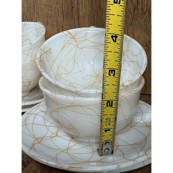 Vintage Hazel Atlas Milk Glass Butterscotch Spaghetti String Drizzle 6 Tea Cups - Picture 5 of 8